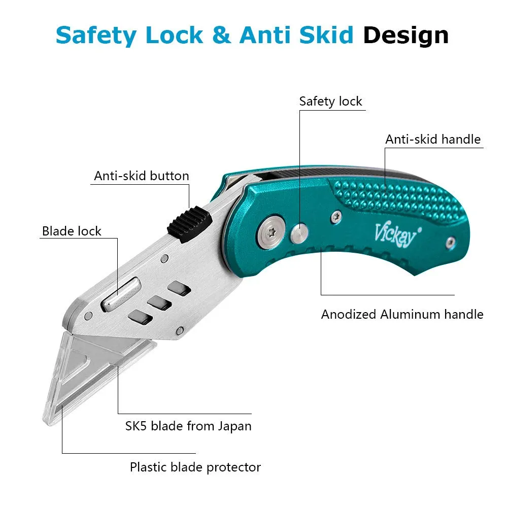 Vickay Box Cutter Knife Utility Knife with 5 SK5 Quick Change Blades, Safety Axis Lock Design Razor Knife, Lightweight Aluminum Body Belt Clip for Office Viridian Green
