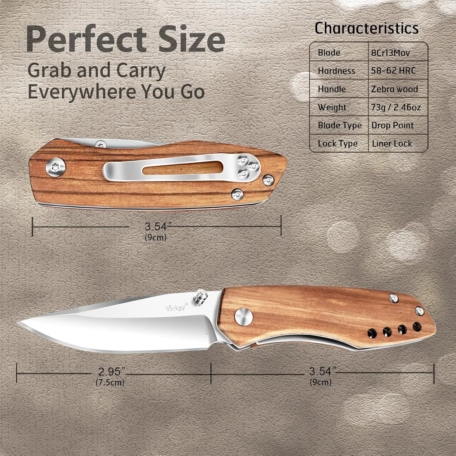 Vickay Folding Pocket Knife with Clip, 2.95" 8Cr13MoV Steel Blade, Wood Handle EDC Knife for Men & Women, Liner Lock Knife for Camping, Hunting, Tactical, Survival Father‘s Day Gift