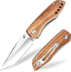 Vickay Folding Pocket Knife with Clip, 2.95" 8Cr13MoV Steel Blade, Wood Handle EDC Knife for Men & Women, Liner Lock Knife for Camping, Hunting, Tactical, Survival Father‘s Day Gift