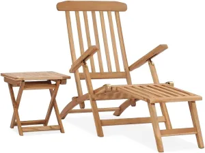 vidaXL Teak Wood Folding Sun Lounger with Table Adjustable Backrest Outdoor Garden Furniture Great for Sunbathing and Reading Includes Matching Deck Chair and Footrest
