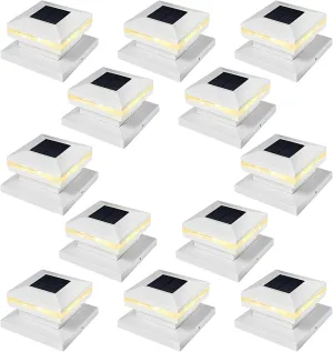 Viewsun 12 Pack Solar Post Cap Lights, Outdoor Fence Solar Powered White Shell Caps for Deck, Patio, Garden Decor, Warm White High Brightness SMD LED Lighting, Lamp Fits for 4x4 or 6x6 Wooden Posts