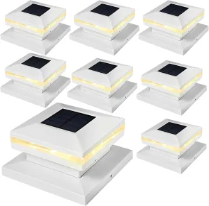 Viewsun 8 Pack Solar Post Cap Lights, Outdoor Fence Solar Powered White Shell Caps for Deck, Patio, Garden Decor, Warm White High Brightness SMD LED Lighting, Lamp Fits for 4x4 or 6x6 Wooden Posts
