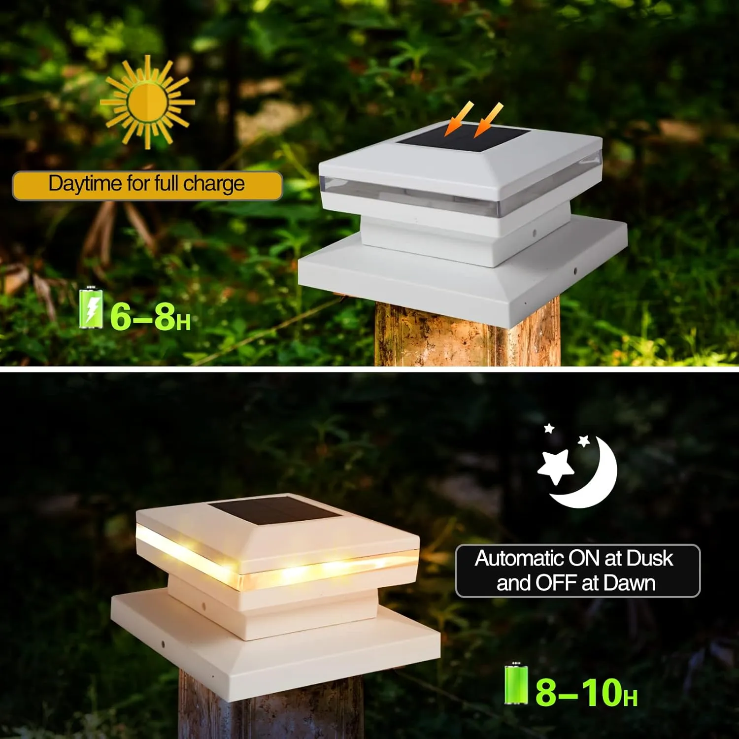 Viewsun 8 Pack Solar Post Cap Lights, Outdoor Fence Solar Powered White Shell Caps for Deck, Patio, Garden Decor, Warm White High Brightness SMD LED Lighting, Lamp Fits for 4x4 or 6x6 Wooden Posts