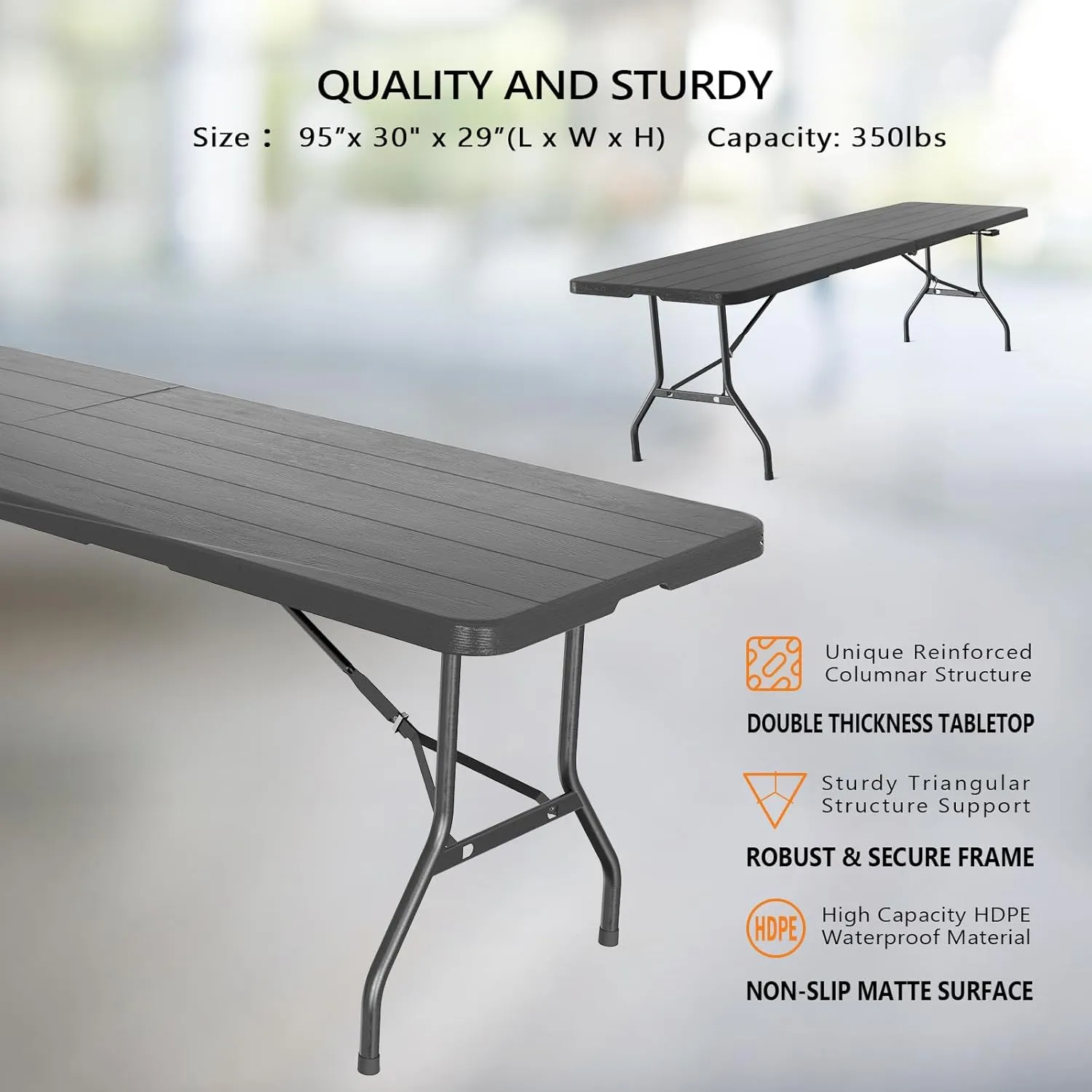 VINGLI 8 Foot Plastic Folding Table Portable Long Table for Indoor Outdoor Use Rectangular with Carrying Handle, Black