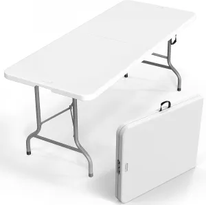 VINGLI 8 Foot Plastic Folding Table Portable Long Table for Indoor Outdoor Use Rectangular with Carrying Handle，White