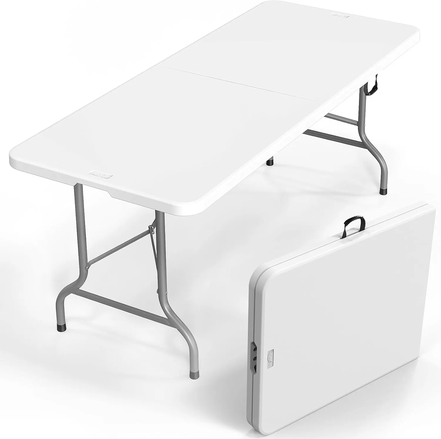 VINGLI 8 Foot Plastic Folding Table Portable Long Table for Indoor Outdoor Use Rectangular with Carrying Handle，White