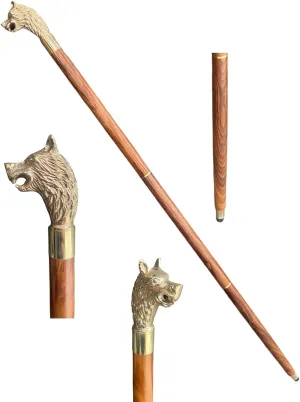 Vintage Antique Walking Cane Victorian Designed Brass Head Handle Wolf Shaped Adjustable Three Piece Wooden Walking Stick for Hiking and Camping - Antique Walking Stick Gift