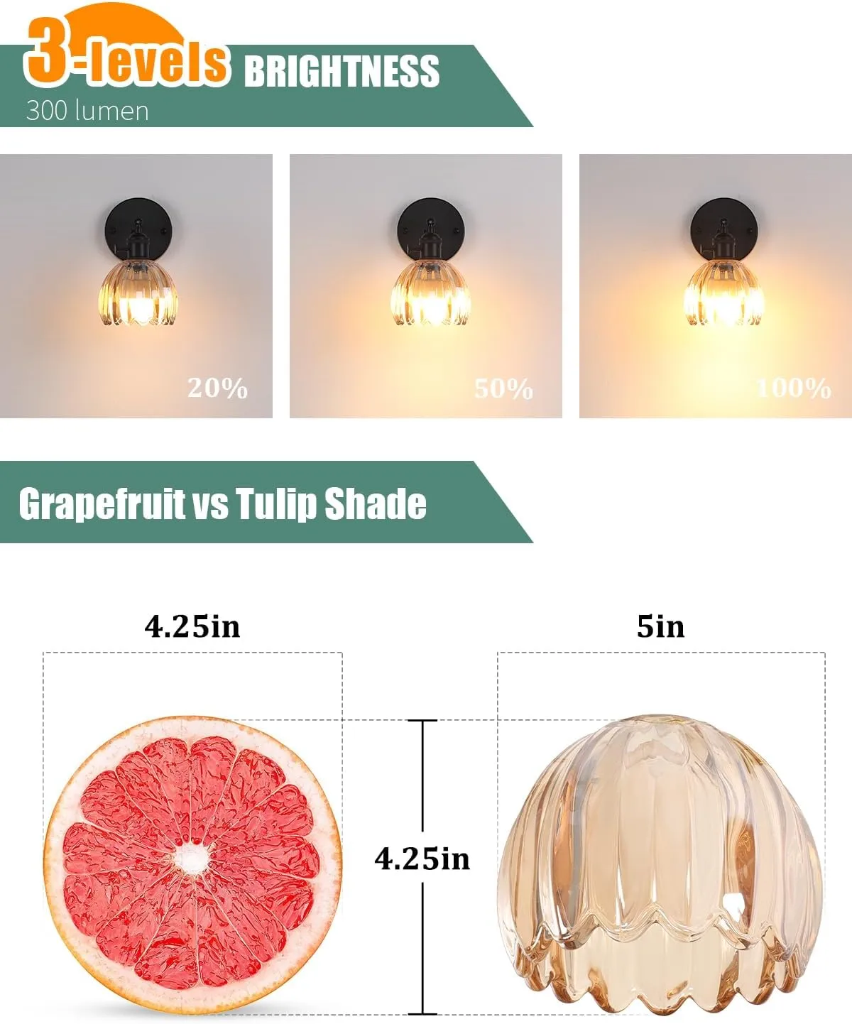 Vintage Battery Operated Wall Sconce with Amber Tulip Glass Lampshade Wireless Rechargeable Battery Powered Black Wall Light with Remote Control for Bedside Bedroom Doorway
