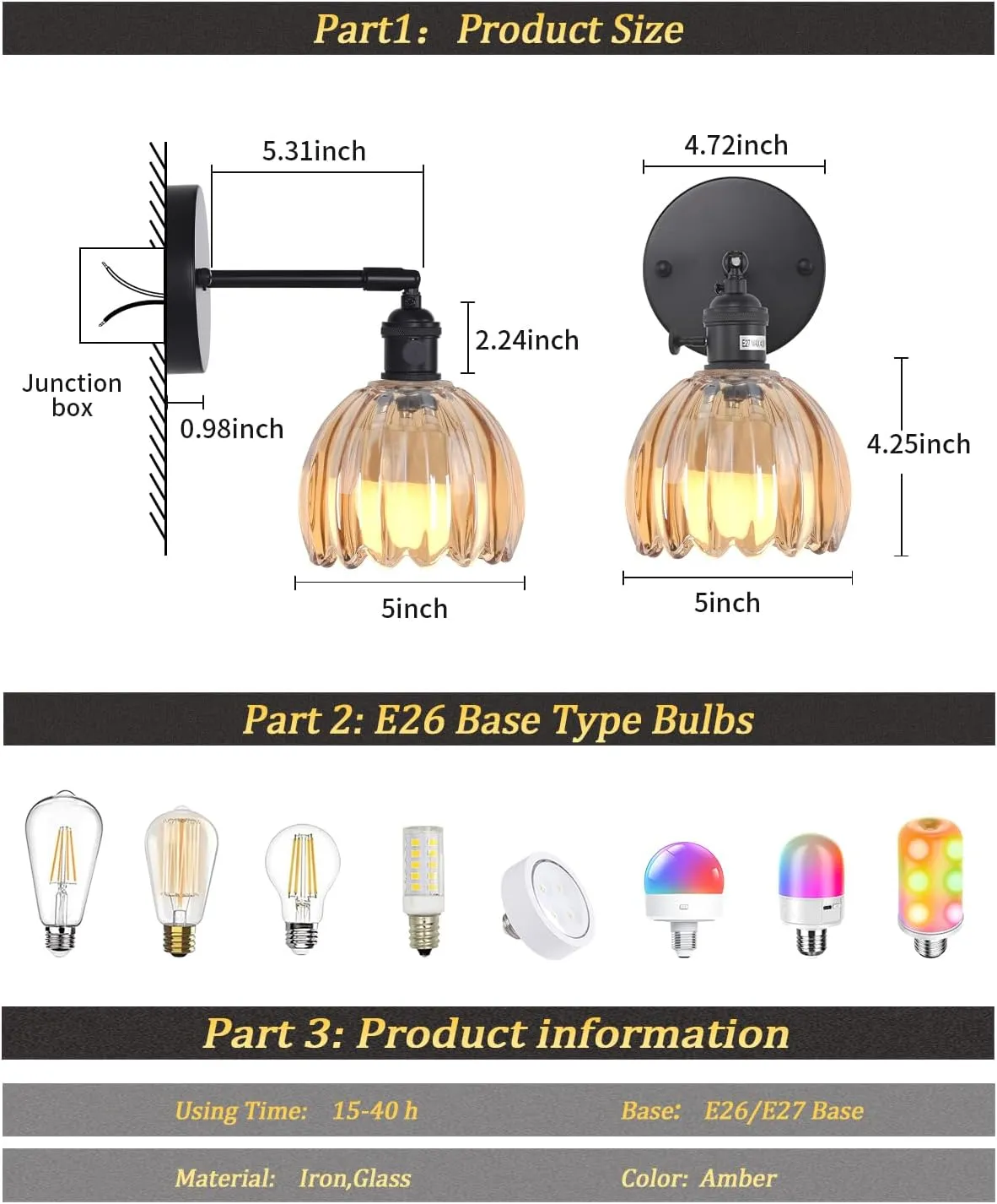 Vintage Battery Operated Wall Sconce with Amber Tulip Glass Lampshade Wireless Rechargeable Battery Powered Black Wall Light with Remote Control for Bedside Bedroom Doorway