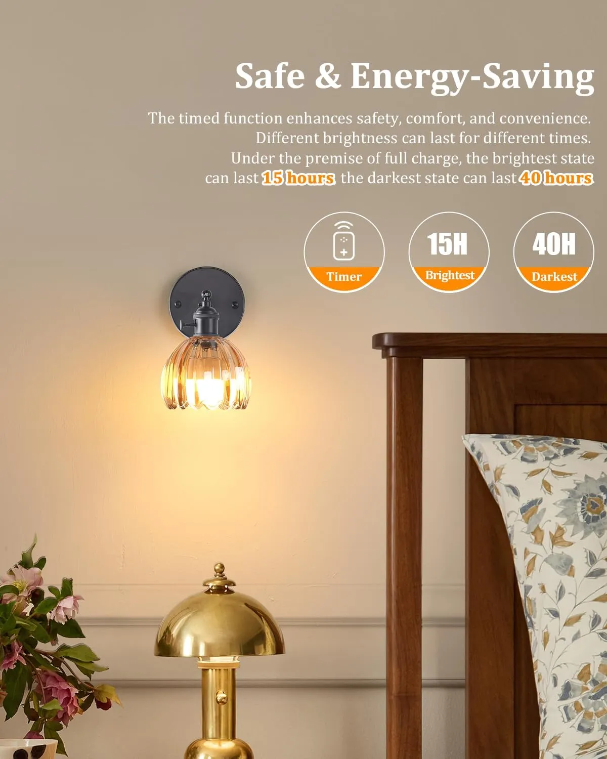 Vintage Battery Operated Wall Sconce with Amber Tulip Glass Lampshade Wireless Rechargeable Battery Powered Black Wall Light with Remote Control for Bedside Bedroom Doorway