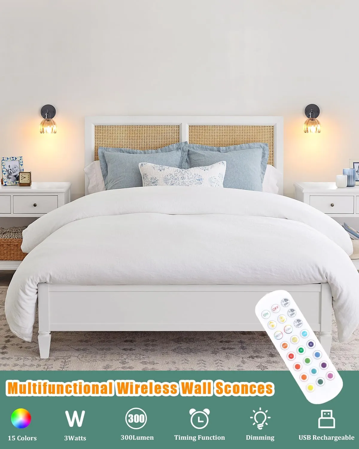 Vintage Battery Operated Wall Sconce with Amber Tulip Glass Lampshade Wireless Rechargeable Battery Powered Black Wall Light with Remote Control for Bedside Bedroom Doorway