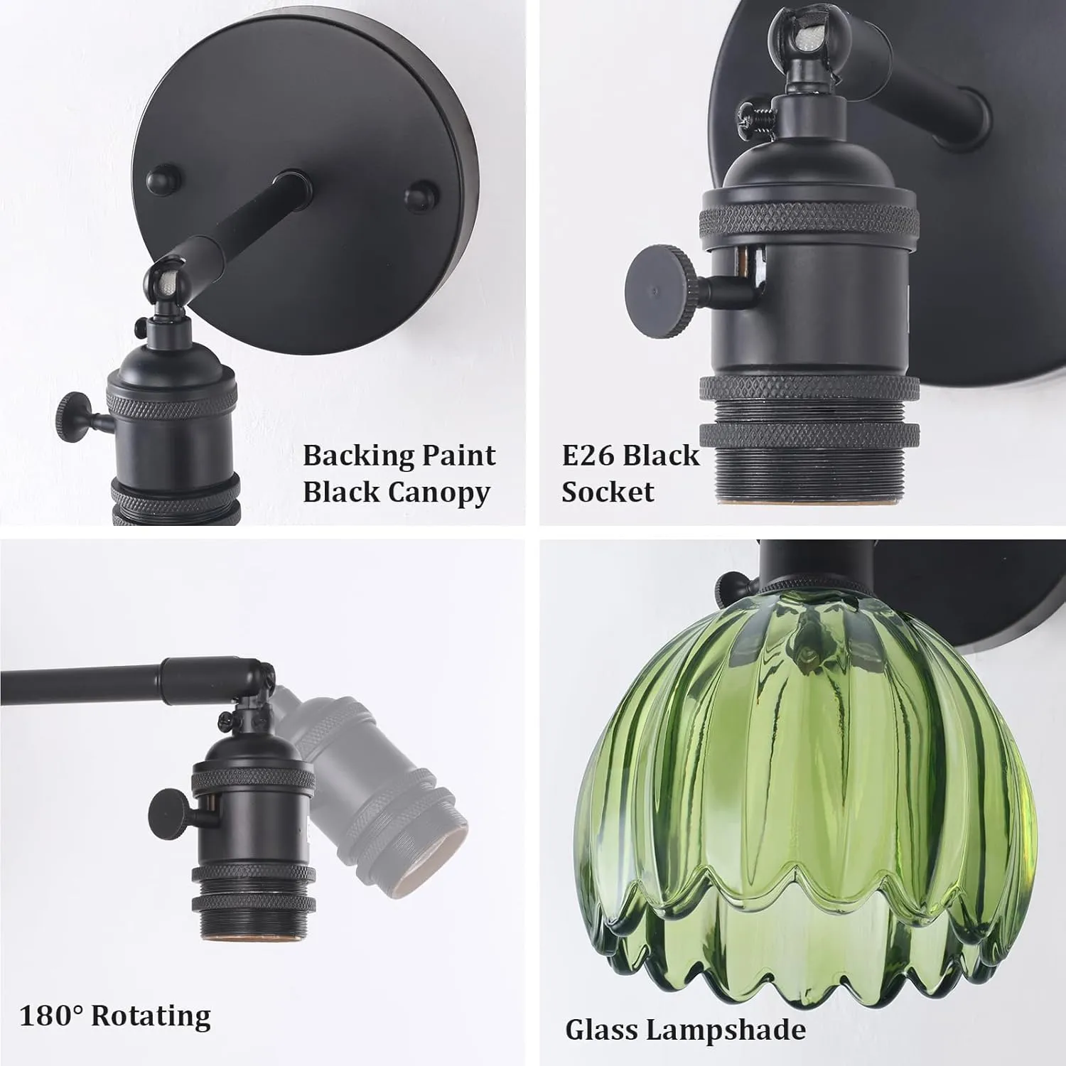 Vintage Battery Operated Wall Sconce with Green Tulip Glass Lampshade Wireless Rechargeable Battery Powered Black Wall Light with Remote Control for Bedside Bedroom Doorway