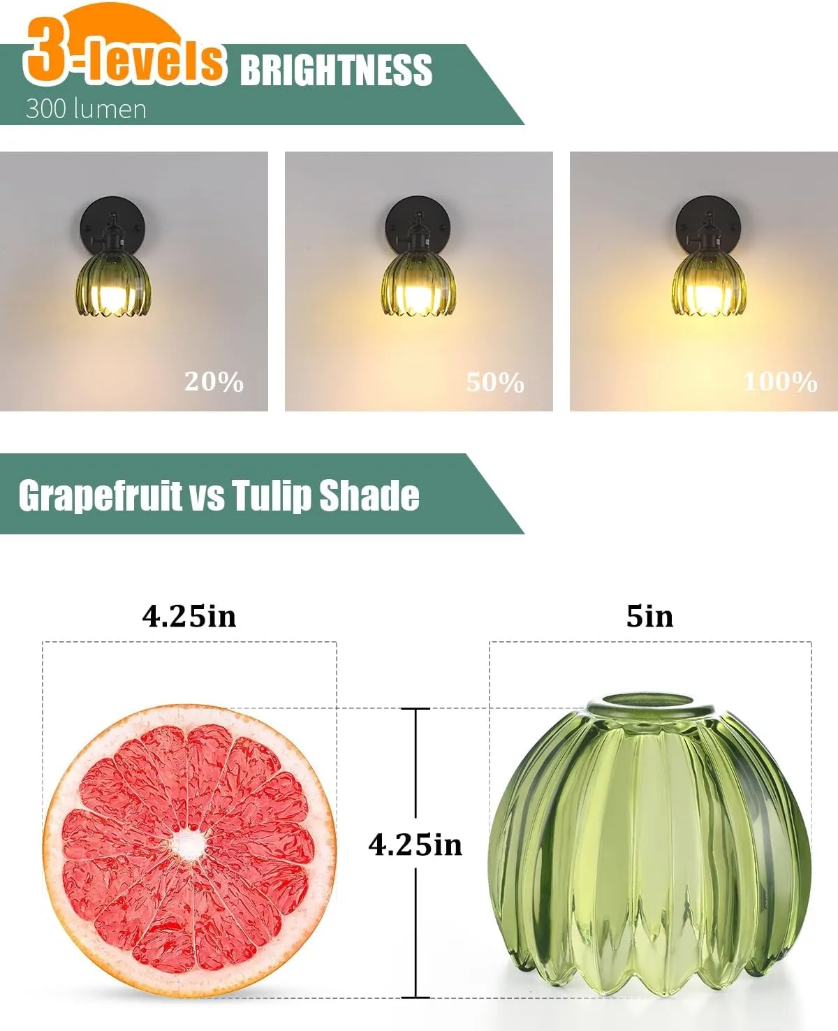 Vintage Battery Operated Wall Sconce with Green Tulip Glass Lampshade Wireless Rechargeable Battery Powered Black Wall Light with Remote Control for Bedside Bedroom Doorway
