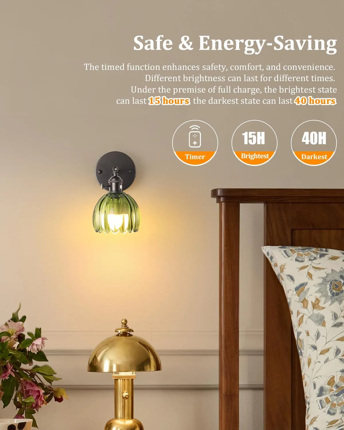Vintage Battery Operated Wall Sconce with Green Tulip Glass Lampshade Wireless Rechargeable Battery Powered Black Wall Light with Remote Control for Bedside Bedroom Doorway