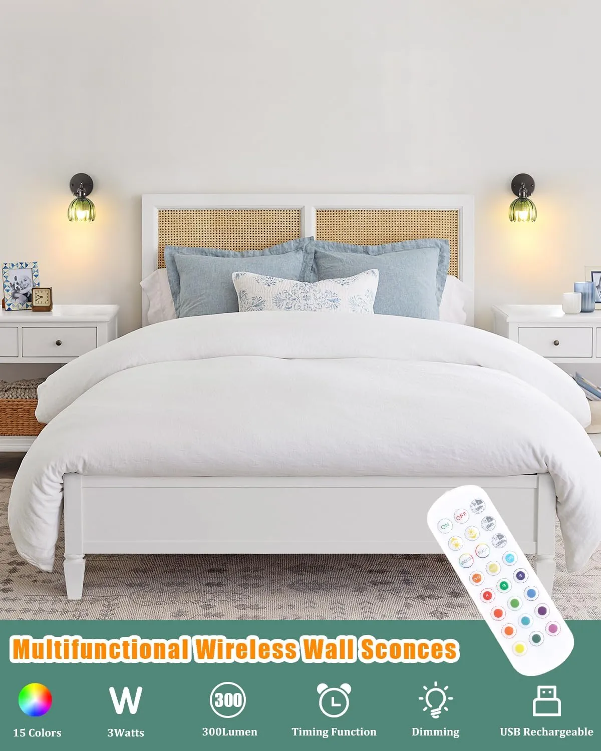 Vintage Battery Operated Wall Sconce with Green Tulip Glass Lampshade Wireless Rechargeable Battery Powered Black Wall Light with Remote Control for Bedside Bedroom Doorway