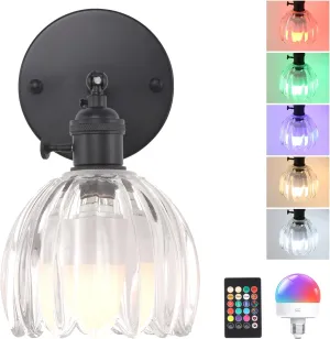 Vintage Battery Operated Wall Sconce with Transparent Tulip Glass Lampshade Wireless Rechargeable Battery Powered Black Wall Light with Remote Control for Bedside Bedroom Doorway
