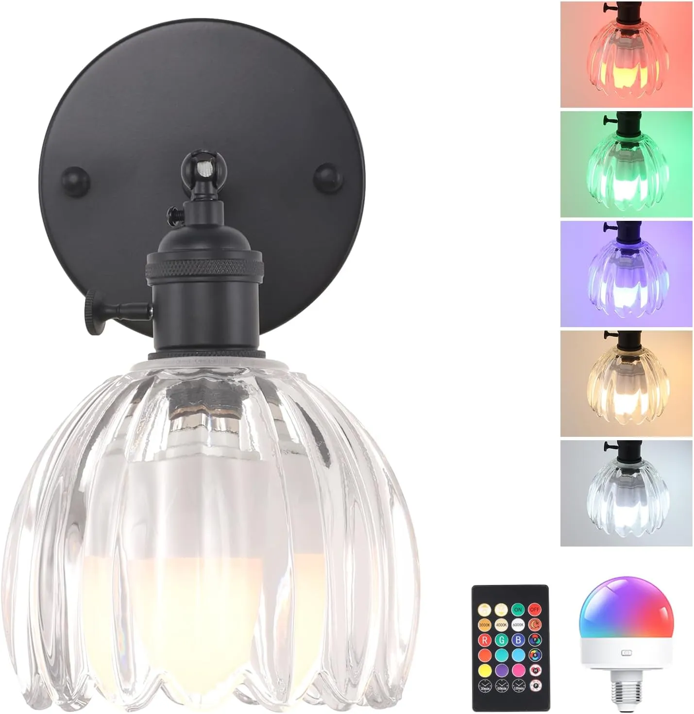 Vintage Battery Operated Wall Sconce with Transparent Tulip Glass Lampshade Wireless Rechargeable Battery Powered Black Wall Light with Remote Control for Bedside Bedroom Doorway