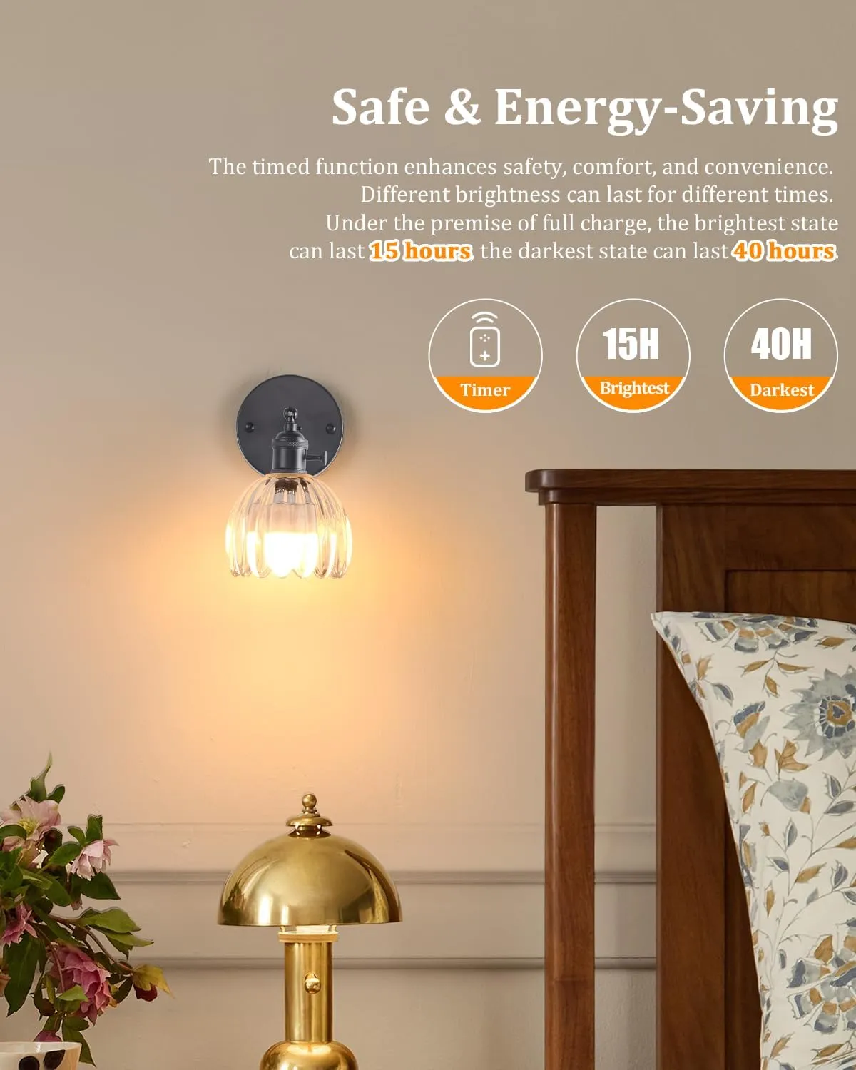 Vintage Battery Operated Wall Sconce with Transparent Tulip Glass Lampshade Wireless Rechargeable Battery Powered Black Wall Light with Remote Control for Bedside Bedroom Doorway