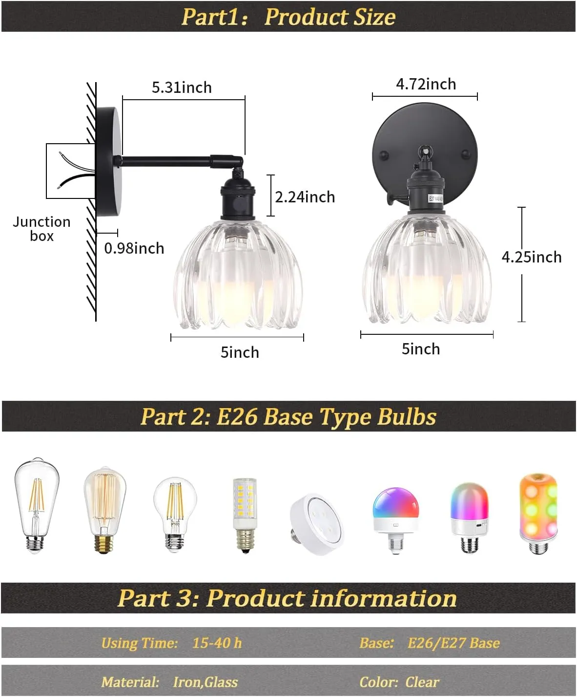 Vintage Battery Operated Wall Sconce with Transparent Tulip Glass Lampshade Wireless Rechargeable Battery Powered Black Wall Light with Remote Control for Bedside Bedroom Doorway