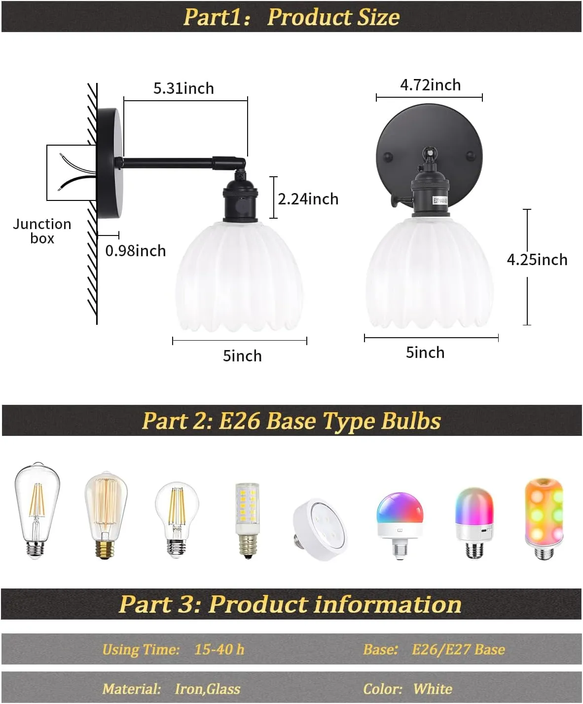 Vintage Battery Operated Wall Sconce with White Tulip Glass Lampshade Wireless Rechargeable Battery Powered Black Wall Light with Remote Control for Bedside Bedroom Doorway