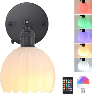 Vintage Battery Operated Wall Sconce with White Tulip Glass Lampshade Wireless Rechargeable Battery Powered Black Wall Light with Remote Control for Bedside Bedroom Doorway