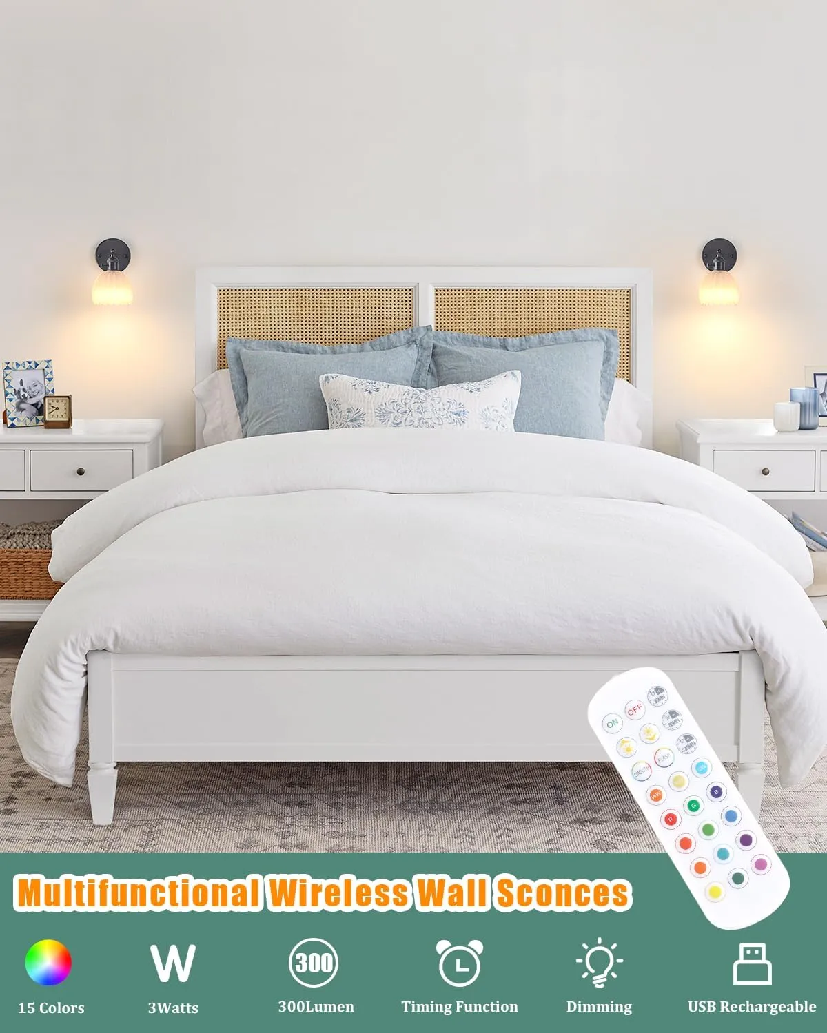 Vintage Battery Operated Wall Sconce with White Tulip Glass Lampshade Wireless Rechargeable Battery Powered Black Wall Light with Remote Control for Bedside Bedroom Doorway