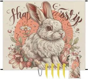 Vintage Easter Beach Blanket, Sandproof Beach Mat, Adults Waterproof Quick Drying Sand Free Mat with 4 x Ground Spikes for Outdoor Travel Camping Hiking, Cute Bunny Rabbit