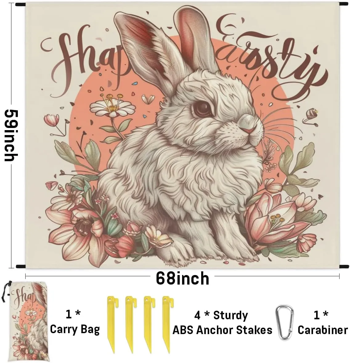 Vintage Easter Beach Blanket, Sandproof Beach Mat, Adults Waterproof Quick Drying Sand Free Mat with 4 x Ground Spikes for Outdoor Travel Camping Hiking, Cute Bunny Rabbit