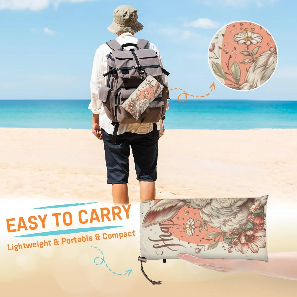 Vintage Easter Beach Blanket, Sandproof Beach Mat, Adults Waterproof Quick Drying Sand Free Mat with 4 x Ground Spikes for Outdoor Travel Camping Hiking, Cute Bunny Rabbit