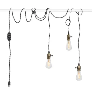 Vintage Pendant Light Kit Cord with Dimming Switch and Triple E26/E27 Industrial Light Socket Lamp Holder 25FT Twisted Black Cloth Bulb Cord Plug in Hanging Light Fixture