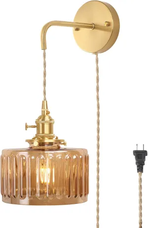 Vintage Wall Sconce Wall Lamp with Amber Striped Glass Shade Hanging Wall Sconce with 4.9FT Plug in Cord, Modern Wall Lamp Fixtures Decor for Bedside Bedroom Indoor Doorway
