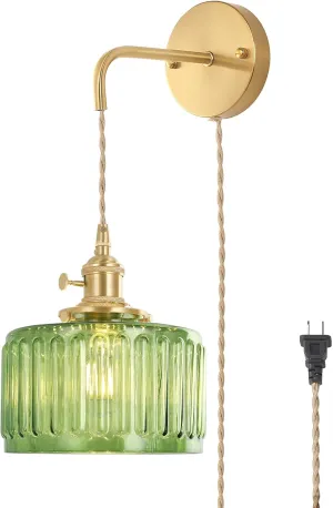 Vintage Wall Sconce Wall Lamp with Green Striped Glass Shade Hanging Wall Sconce with 4.9FT Plug in Cord, Modern Wall Lamp Fixtures Decor for Bedside Bedroom Indoor Doorway