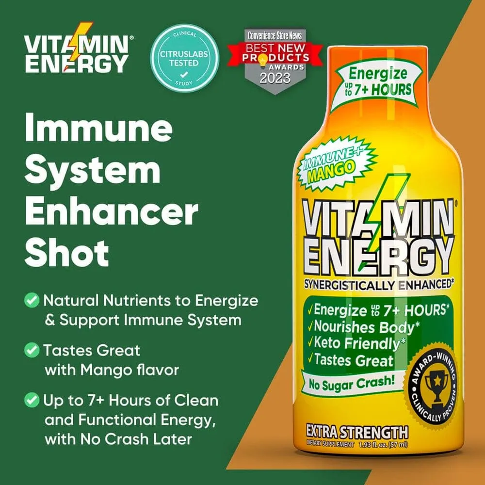 Vitamin Energy Immune  Extra Strength Daily Energy Shot – Mango – 260mg Natural Caffeine, B-Vitamins, Green Tea, Citicoline – Immune & Focus Support – Zero Sugar, Vegan – 1.93 fl oz, 12-Pack