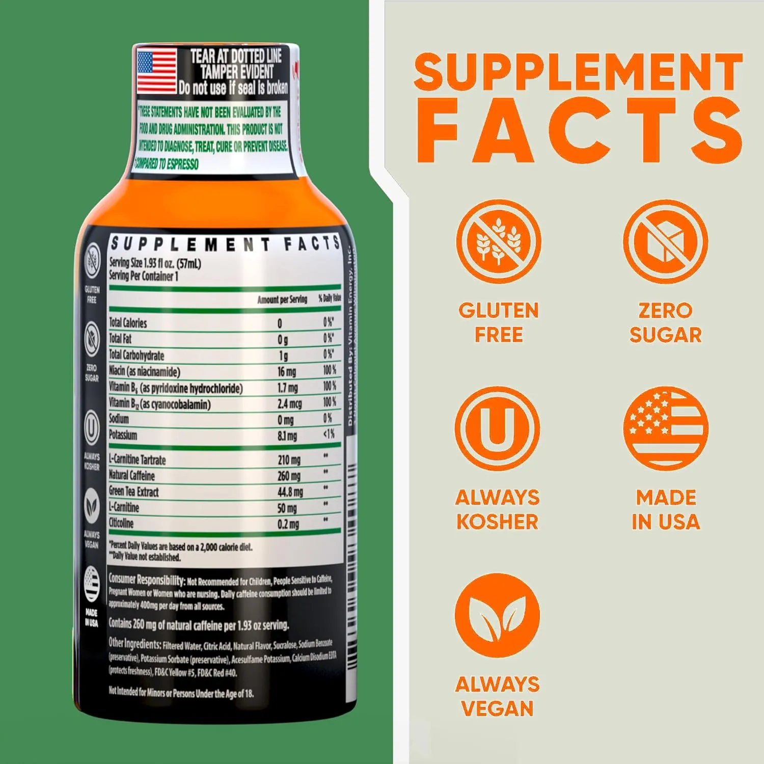 Vitamin Energy Immune  Extra Strength Daily Energy Shot – Mango – 260mg Natural Caffeine, B-Vitamins, Green Tea, Citicoline – Immune & Focus Support – Zero Sugar, Vegan – 1.93 fl oz, 12-Pack