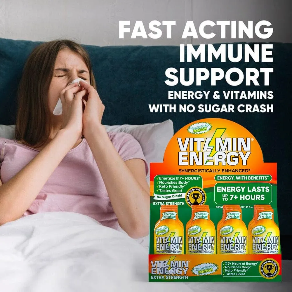 Vitamin Energy Immune  Extra Strength Daily Energy Shot – Mango – 260mg Natural Caffeine, B-Vitamins, Green Tea, Citicoline – Immune & Focus Support – Zero Sugar, Vegan – 1.93 fl oz, 12-Pack