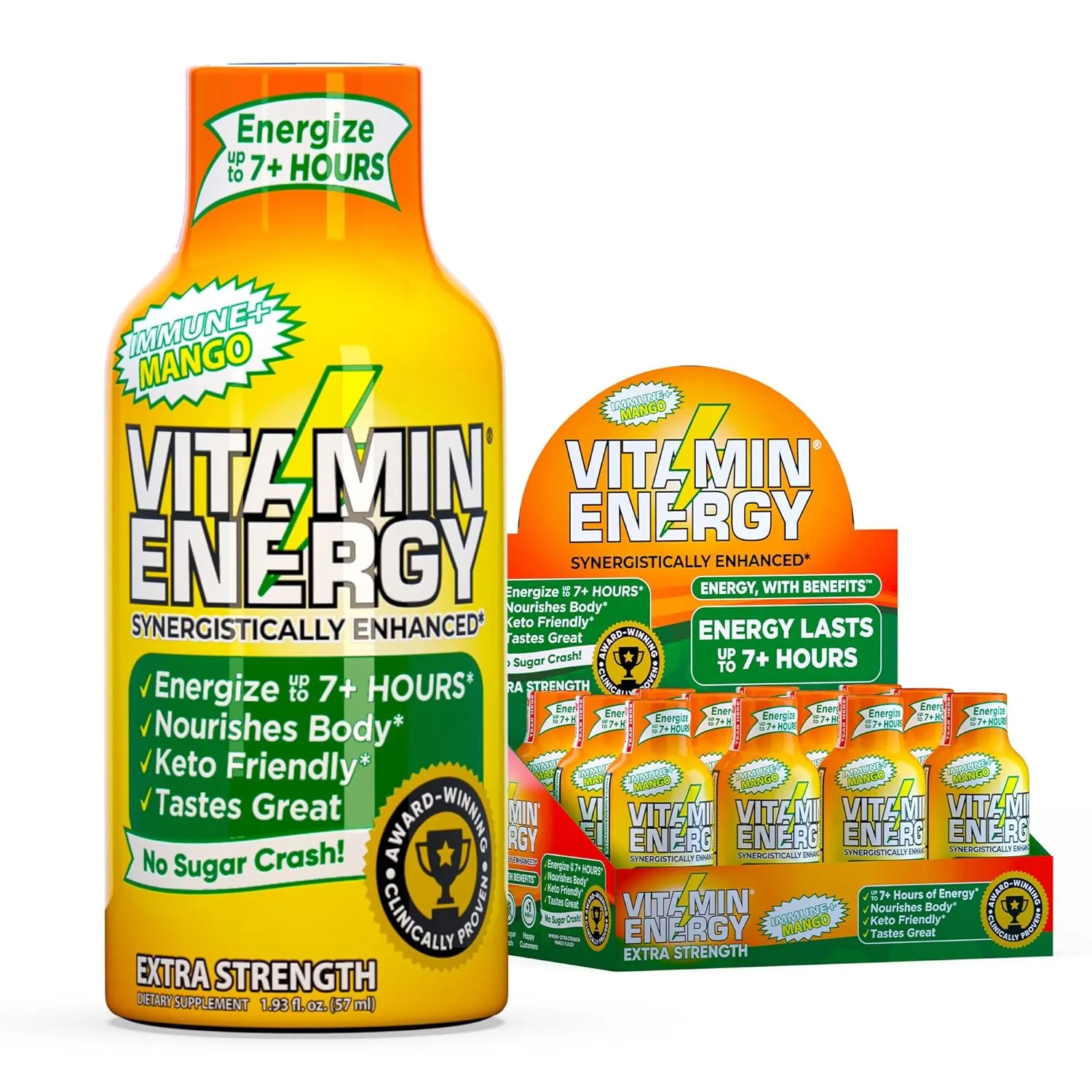 Vitamin Energy Immune  Extra Strength Daily Energy Shot – Mango – 260mg Natural Caffeine, B-Vitamins, Green Tea, Citicoline – Immune & Focus Support – Zero Sugar, Vegan – 1.93 fl oz, 12-Pack