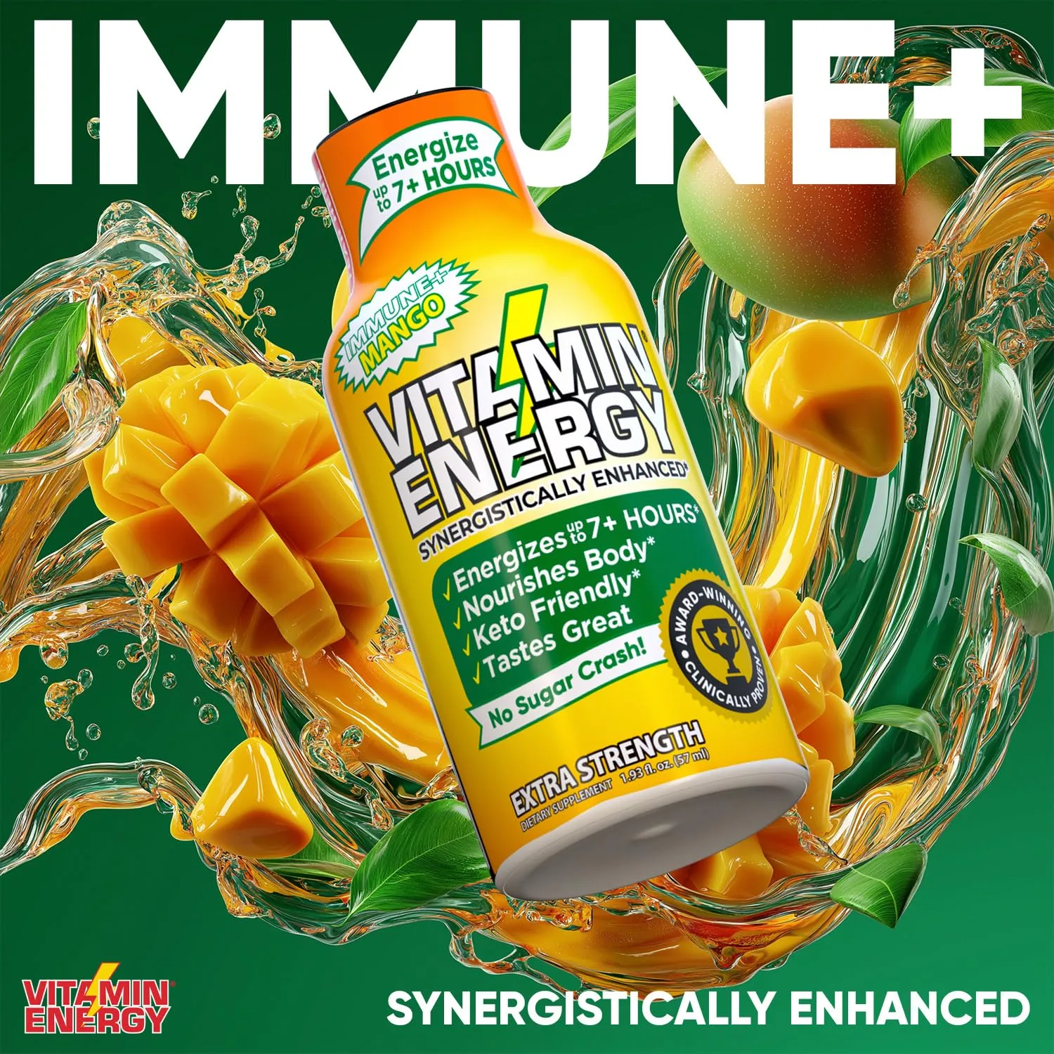 Vitamin Energy Immune  Extra Strength Daily Energy Shot – Mango – 260mg Natural Caffeine, B-Vitamins, Green Tea, Citicoline – Immune & Focus Support – Zero Sugar, Vegan – 1.93 fl oz, 12-Pack