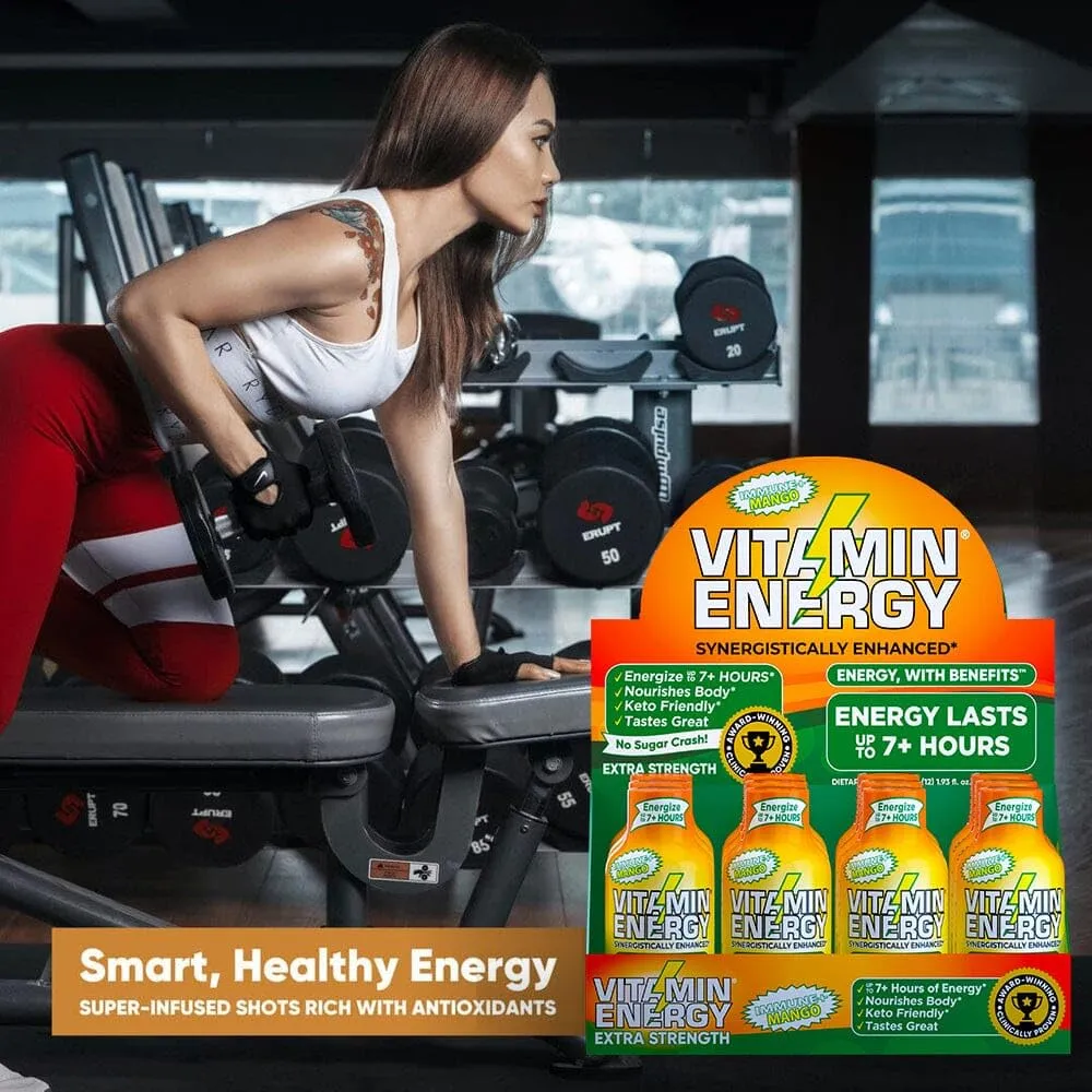 Vitamin Energy Immune  Extra Strength Daily Energy Shot – Mango – 260mg Natural Caffeine, B-Vitamins, Green Tea, Citicoline – Immune & Focus Support – Zero Sugar, Vegan – 1.93 fl oz, 12-Pack