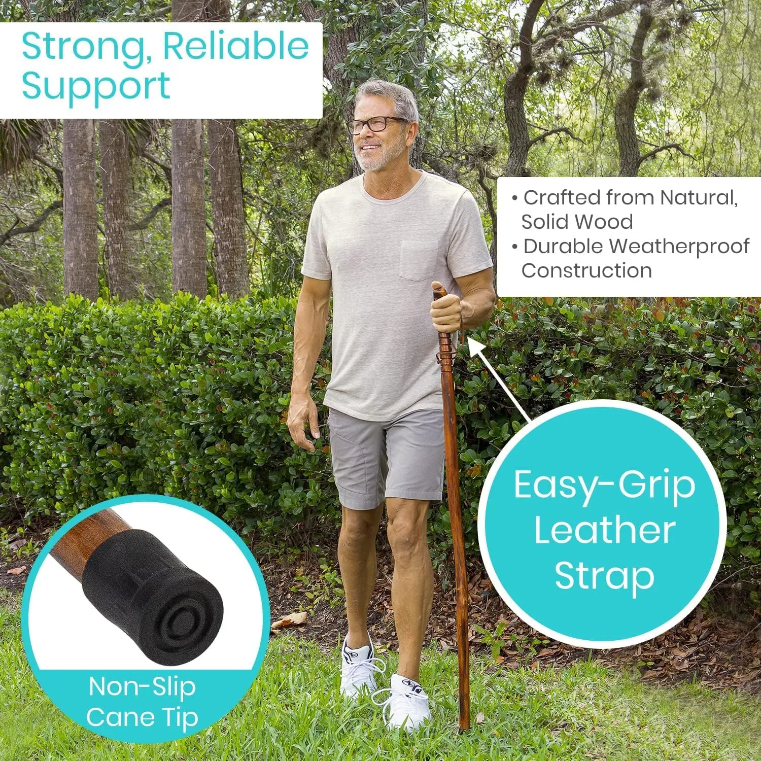 Vive Wooden Walking Stick for Hiking - Handcrafted, Waterproof, with Leather Wrist Strap - Wood Staff for Balance, Women, Men, Seniors - Non-Slip Tip for Safety