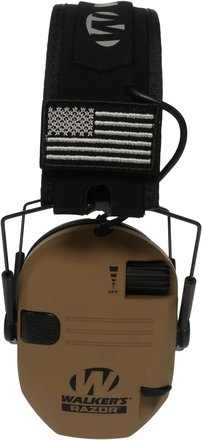Walker's Razor Slim Ultra Low Profile Compact Design Adjustable Range Shooting Hunting Hearing Protection Electronic Earmuffs, Battle Brown - Patriot Series