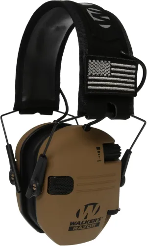 Walker's Razor Slim Ultra Low Profile Compact Design Adjustable Range Shooting Hunting Hearing Protection Electronic Earmuffs, Battle Brown - Patriot Series