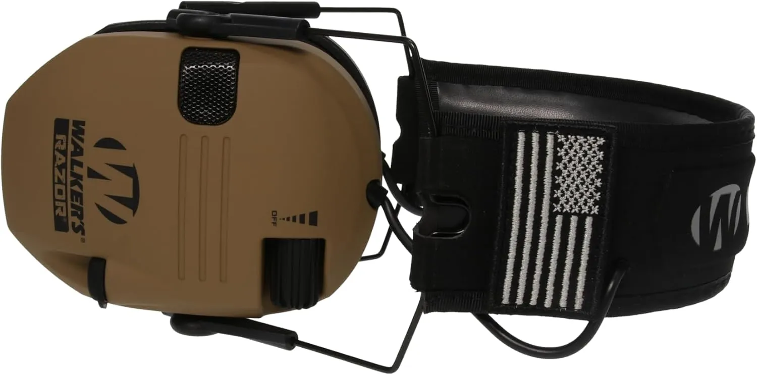 Walker's Razor Slim Ultra Low Profile Compact Design Adjustable Range Shooting Hunting Hearing Protection Electronic Earmuffs, Battle Brown - Patriot Series