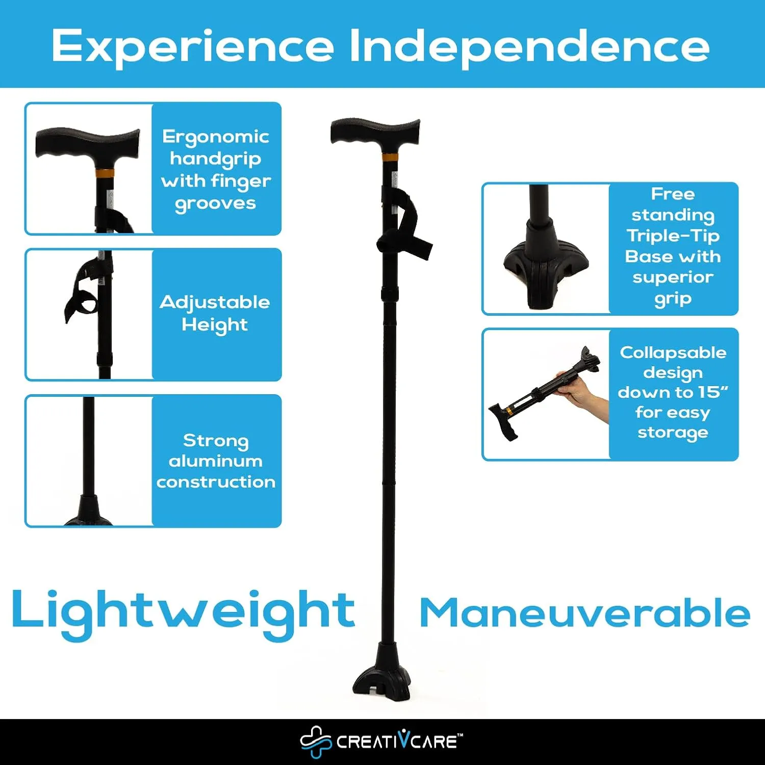 Walking Cane for Women and Men- Foldable, Adjustable, Collapsible, Lightweight Cane for Seniors, Walking Stick with Sturdy Platform, Triple-Tip Cane for Travel and Balance on All Terrain.