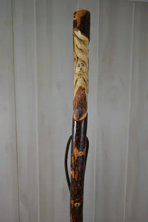 Walking Stick with Wood Spirit Carving on 72" Hardwood Hiking Staff
