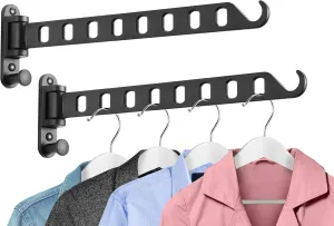 Wall-Mounted Clothes Hanger - Laundry Room Drying Rack with Swing Arm, 8 Holes and 180°Rotation, Folding Laundry Hanger Rack, Sturdy Hanging, Solid Aluminum (2-Pack, Black)