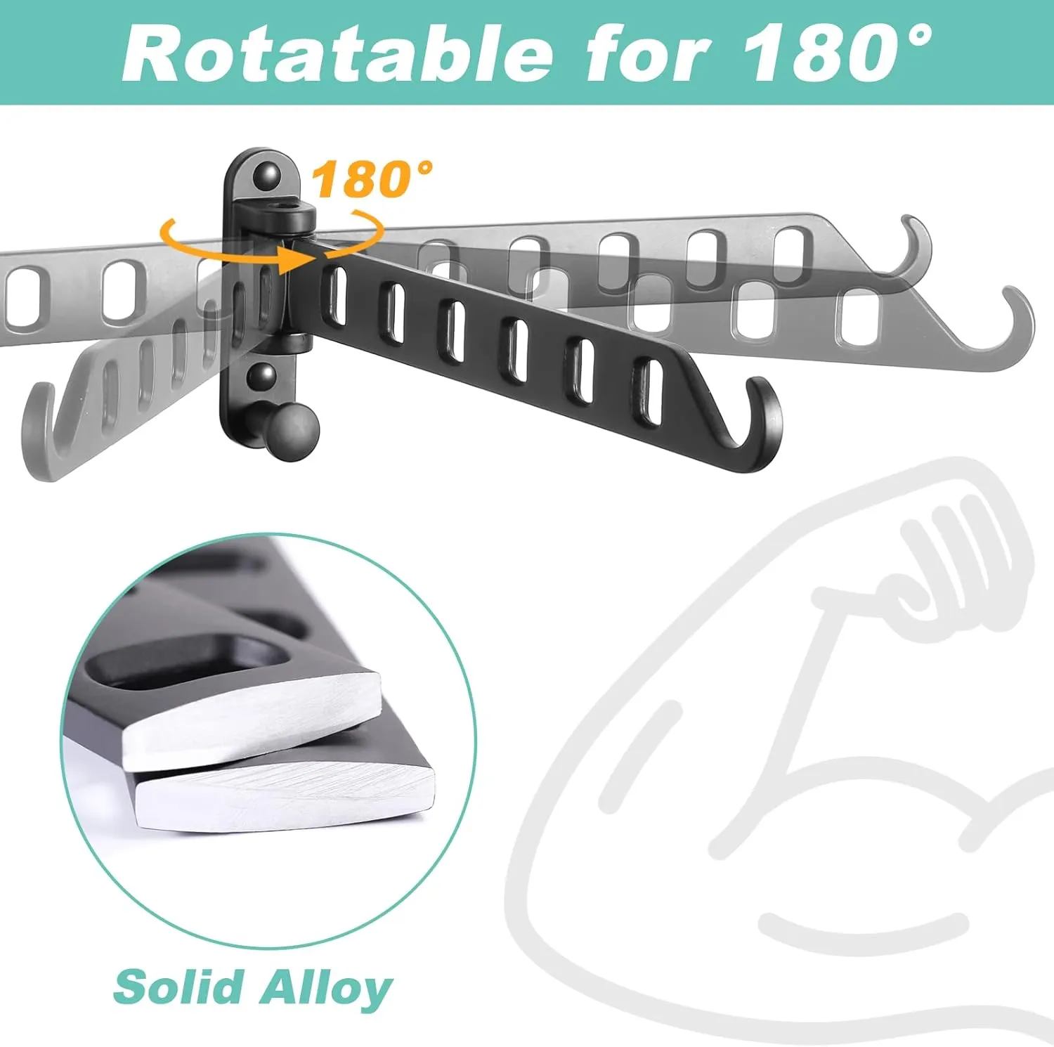 Wall-Mounted Clothes Hanger - Laundry Room Drying Rack with Swing Arm, 8 Holes and 180°Rotation, Folding Laundry Hanger Rack, Sturdy Hanging, Solid Aluminum (2-Pack, Black)
