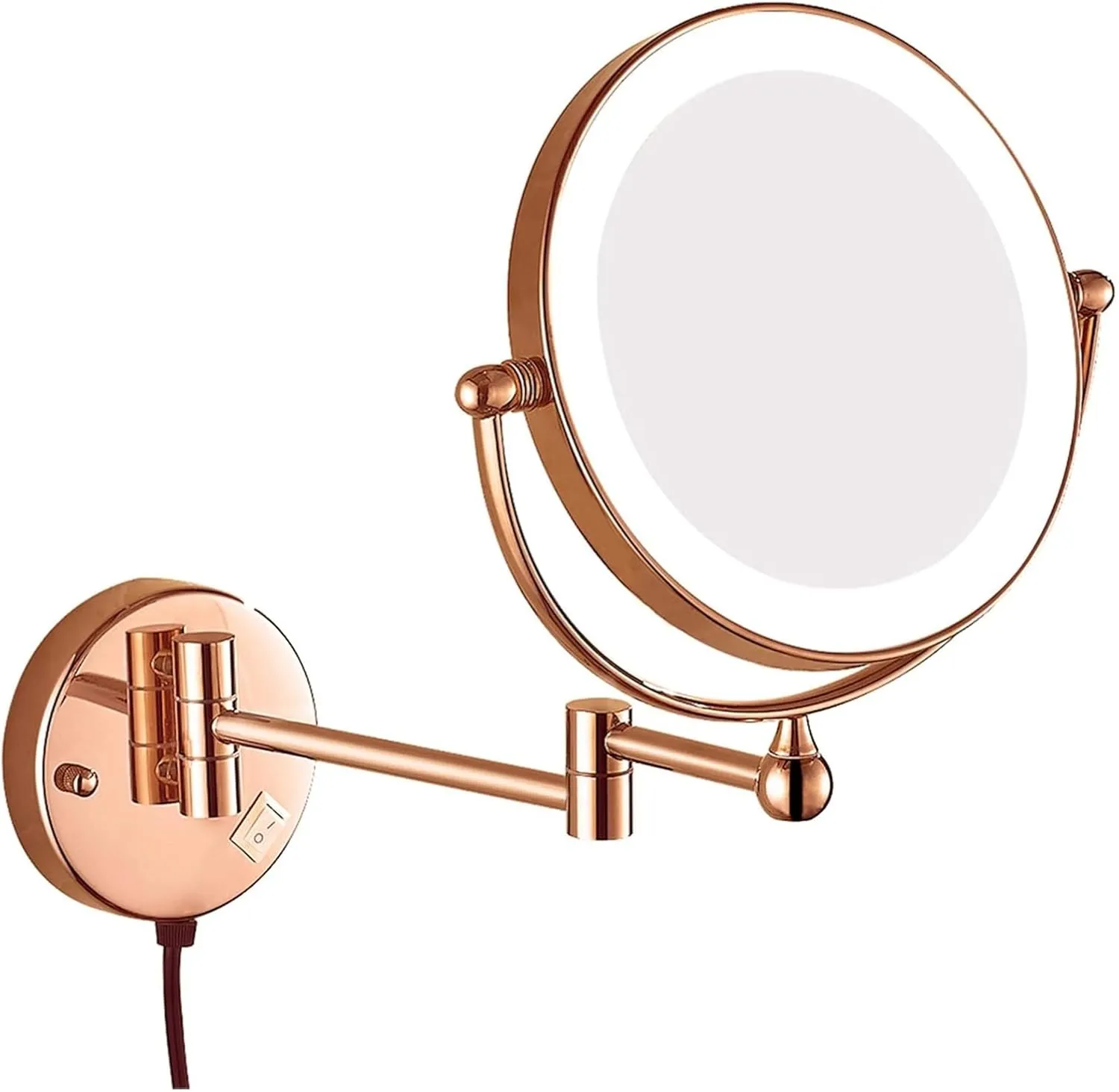 Wall Mounted Lighted Makeup Mirror 8 Inch Double Sided Wall Mounted 360° Swivel Extendable Bathroom Vanity Mirror, Plug Powered(Rose Gold,3X)
