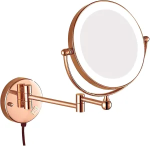 Wall Mounted Lighted Makeup Mirror 8 Inch Double Sided Wall Mounted 360° Swivel Extendable Bathroom Vanity Mirror, Plug Powered(Rose Gold,3X)