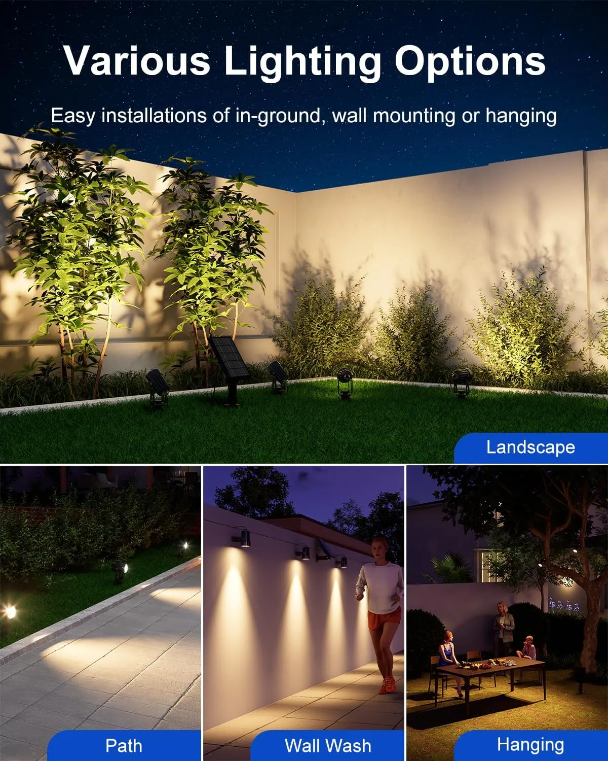 Warm White Solar Powered Lights Outdoor Waterproof LED Landscape Lights for Outside Trees, Flag, Lawn, Pool, Yard, Garden, Path, Backyard with Glass Solar Panel and Adjustable Mount (4-in-1)