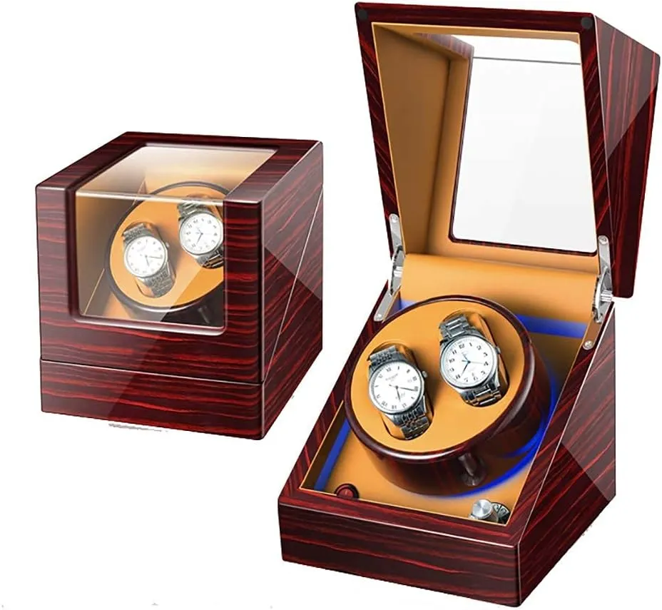 Watch Winder for Watches Double Automatic Watch Winder Box Wooden Luxury Storage Case for 2 Wrist Watches, Quiet Motor, 5 Rotation Modes, LED Atmosphere lamp, Gift